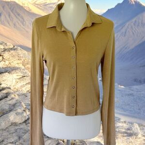 Womens True Craft Tan Brown Snap Polo Top Tee Shirt Collared L Large Soft Cotton